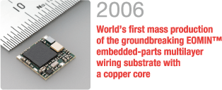 2006 World's first mass production of the groundbreaking EOMIN™ embedded-parts multilayer wiring substrate with a copper core