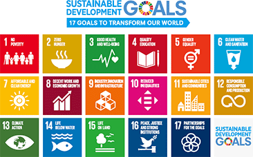 SUSTAINABLE DEVELOPMENT GOALS
1: NO POVERTY
2: ZERO HUNGER
3: GOOD HEALTH AND WELL-BEING
4: QUALITY EDUCATION
5: GENDER EQUALITY
6: CLEAN WATER AND SANITATION
7: AFFORDABLE AND CLEAN ENERGY
8: DECENT WORK AND ECONOMIC GROWTH
9: INDUSTRIAL INNOVATION AND INFRASTRUCTURE
10: REDUCED INEQUALITIES
11: SUSTAINABLE CITIES AND COMMUNITIES
12: RESPONSIBLE CONSUMPTION AND PRODUCTION
13: CLIMATE ACTION
14: LIFE BELOW WATER
15: LIFE ON LAND
16: PEACE, JUSTICE AND STRONG INSTITUTIONS
17: PARTNERSHIPS FOR THE GOALS