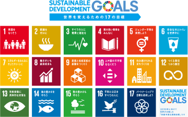 SUSTAINABLE DEVELOPMENT GOALS
1: 貧困をなくそう
2: 飢餓をゼロに
3:すべての人に健康と福祉を
4: 質の高い教育をみんなに
5: ジェンダー平等を実現しよう
6：安全な水とトイレをみんなに
7: エネルギーをみんなに　そしてクリーンに
8: 働きがいも経済成長も
9: 産業と技術革新の基盤をつくろう
10: 人や国の不平等をなくそう
11:住み続けられるまちづくりを
12: つくる責任つかう責任
13: 気候変動に具体的な対策を
14: 海の豊かさを守ろう
15: 陸の豊かさも守ろう
16: 平和と公正をすべての人に
17: パートナーシップで目標を達成しよう